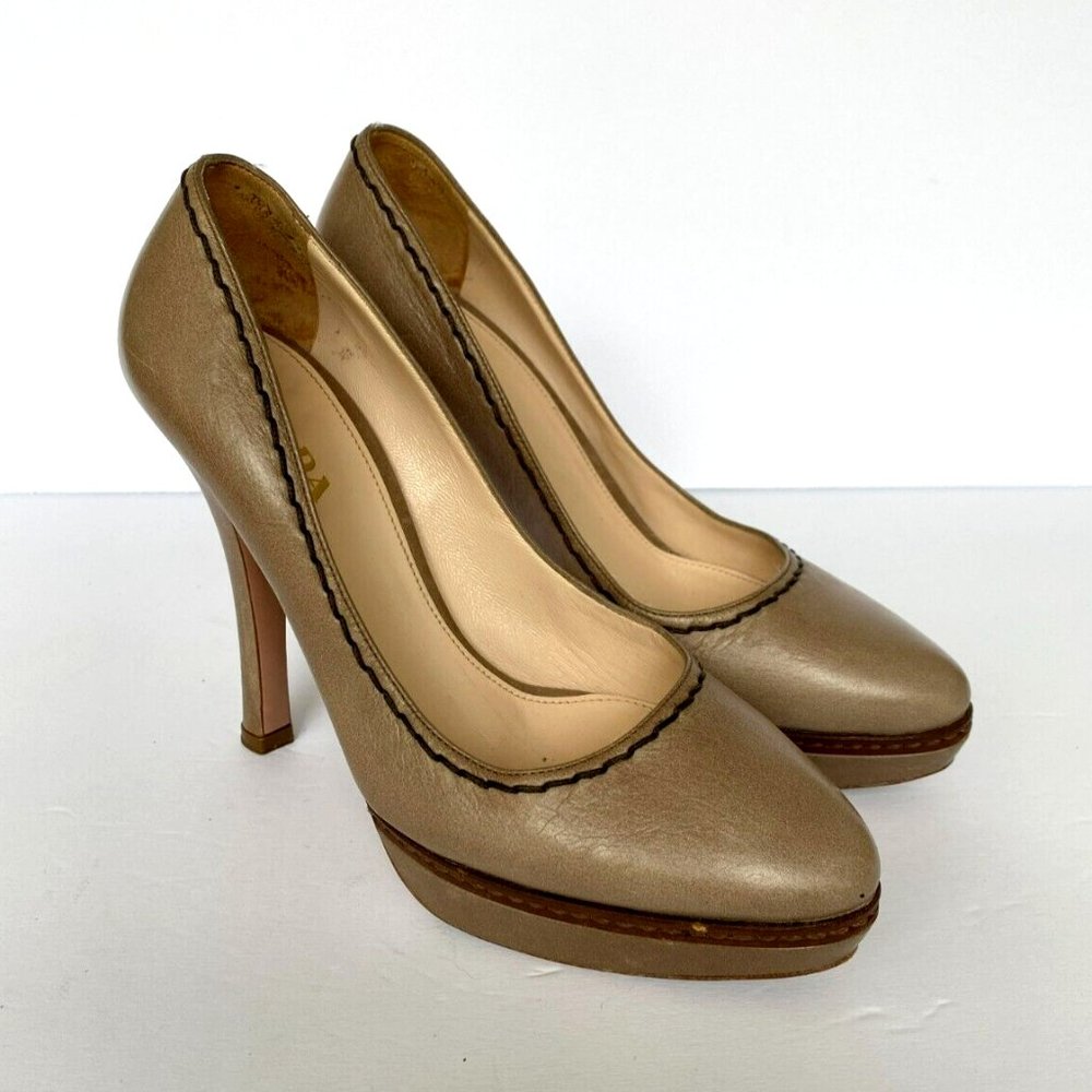 Authentic PRADA Tan Olive Leather 5" Heels Pumps Stitching EU 37 US 6.5 EUC